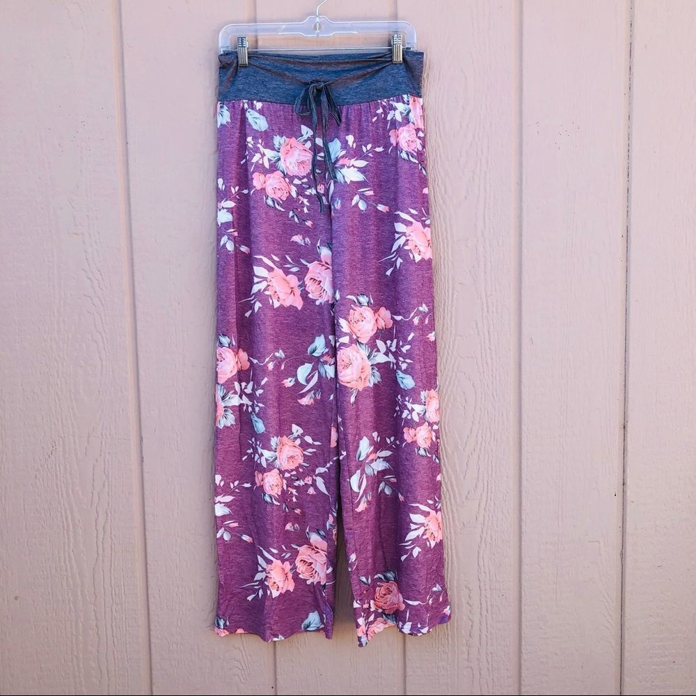 Wide Leg Floral Pink Rose Yoga Sleep Lounge Pants - Picture 1 of 6